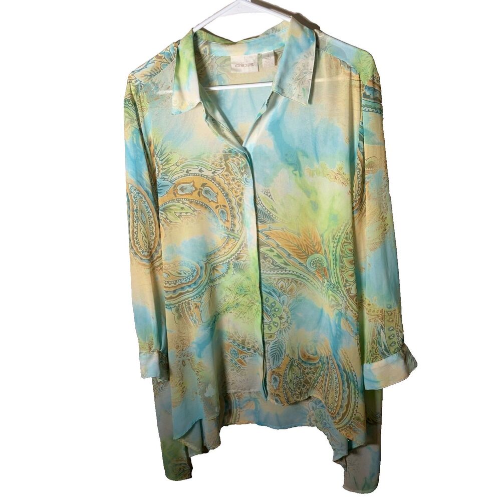Chico's Shirt Women's 3 XL Button Up Lightweight Artsy 3/4 Sleeve Sheer Top